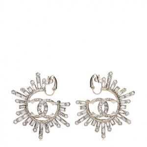 CHANEL Crystal Baguette CC Clip On Earrings Light Gold